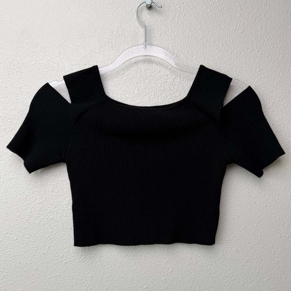 REHAB Black Ribbed Cold Shoulder Cutout Crop Top Women’s US S